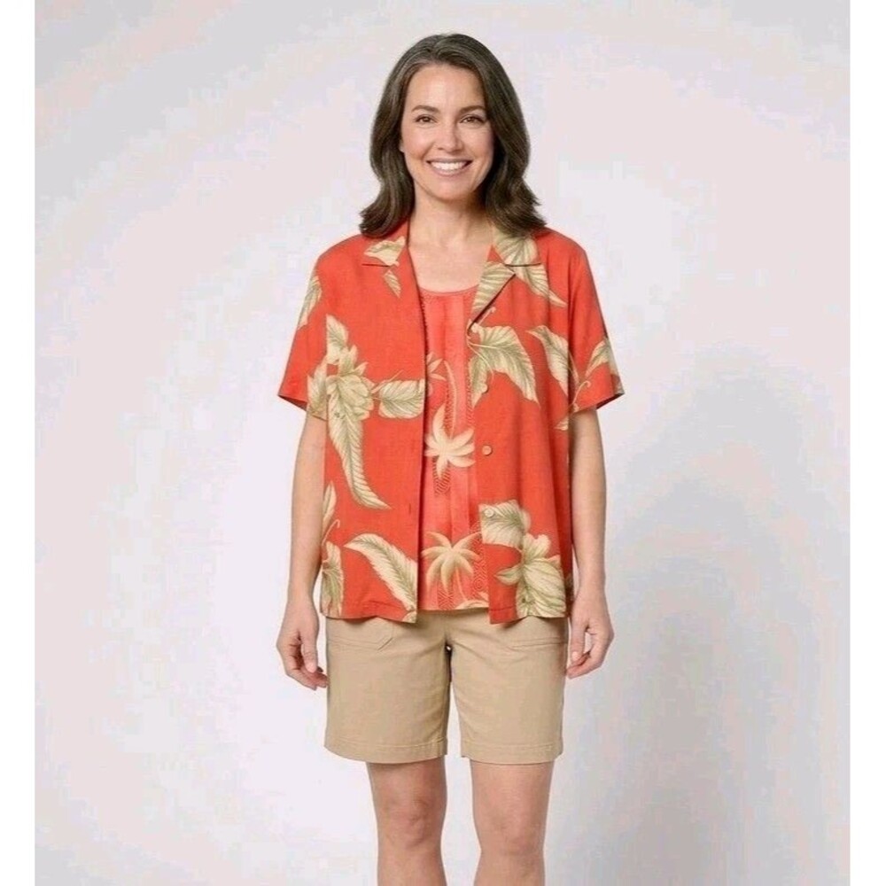 Banana Bay Silk 2 Piece Set Coral/Red Tropical Pineapple Palm Tank M & Shirt L